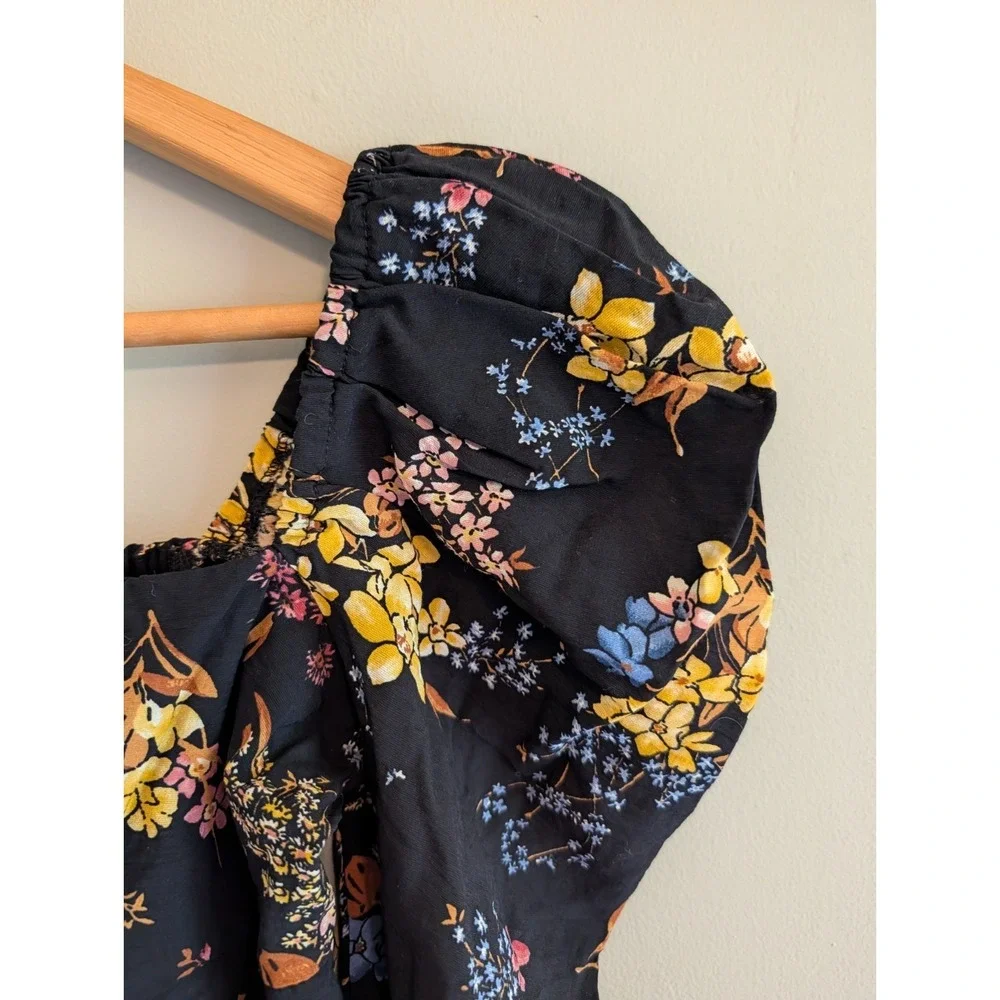 Abercrombie Fitch Black Floral Puff Sleeve Smocked Square Neck Top XS Whimsigoth